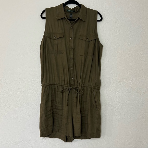 Ralph Lauren Shorts Romper Jumper Linen Blend Olive Army Green Women’s Size‎ 16 - Picture 2 of 11